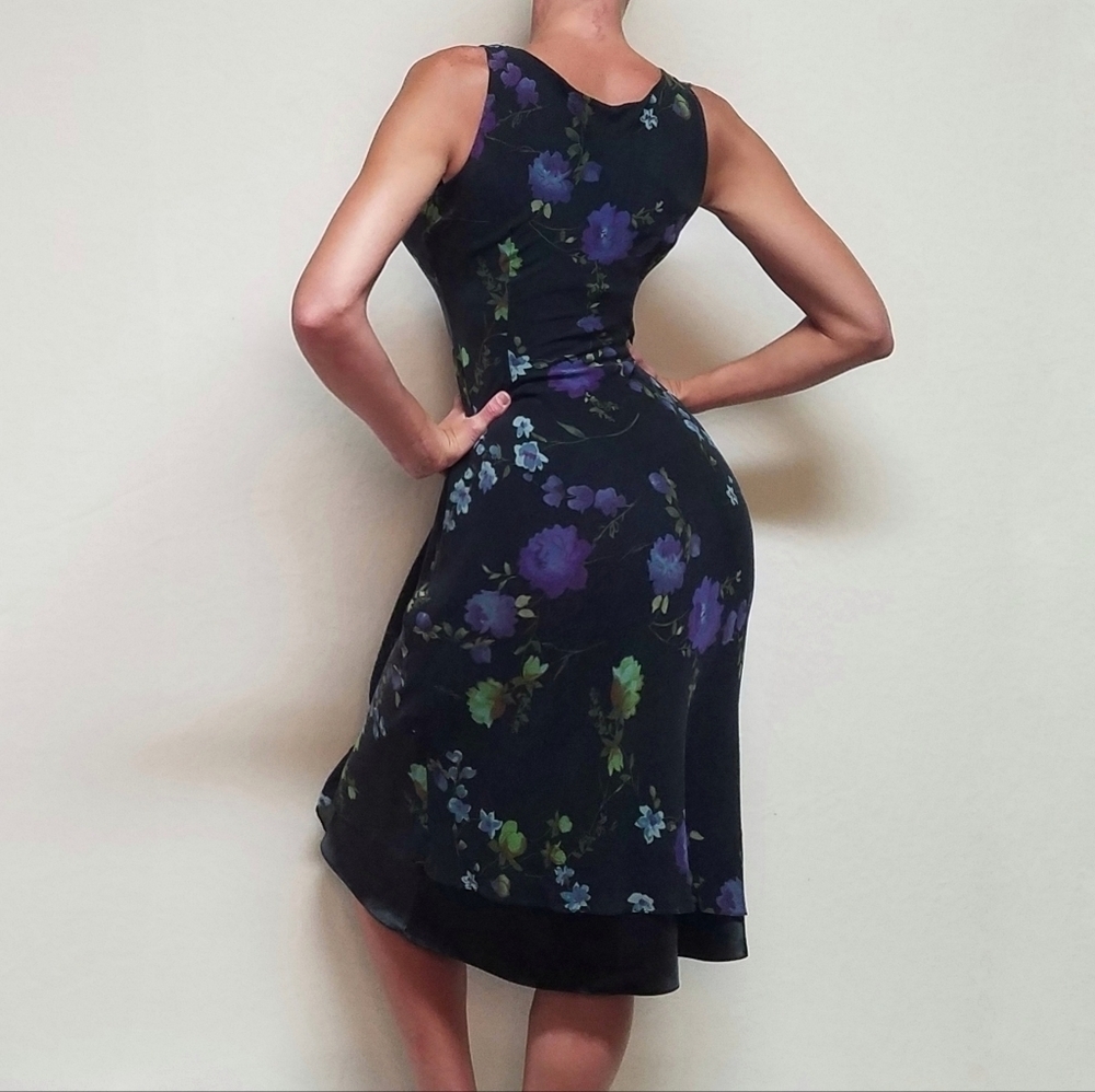 VINTAGE Liz Claiborne Purple Floral Silk Chiffon Black Satin Ruffle Midi Dress M - Picture 3 of 16